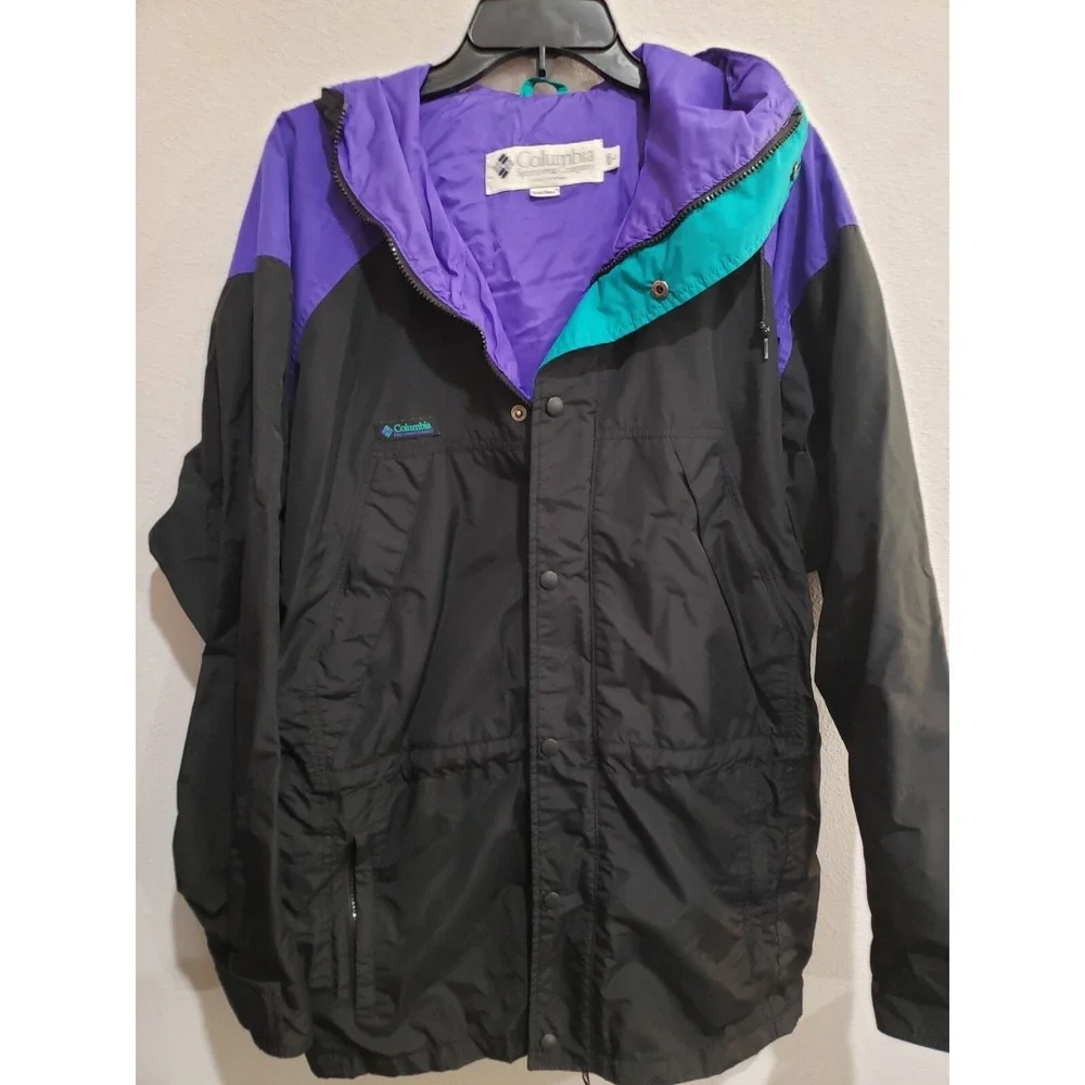 Columbia Sportswear Vintage 90s Hoodie Windbreaker Parka Jacket Black Aqua Sz‎ L